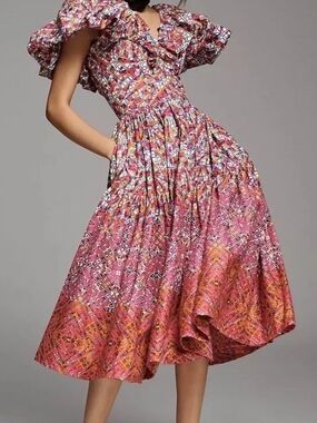 Sika Pink & Orange Mixed-Print Ruffle Midi Dress Anthropologie